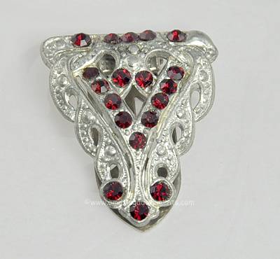 Beautiful Unsigned Art Deco Pot Metal Clip with Red Rhinestones