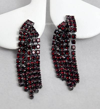Ravishing Vintage Unsigned Garnet Red Rhinestone Waterfall Earrings