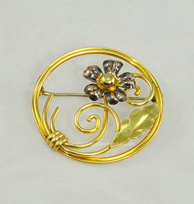 Vintage Signed VAN DELL Gold Filled Floral Motif Circle Brooch