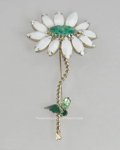 Must Have Unsigned Vintage White and Green Carved Glass Flower Brooch