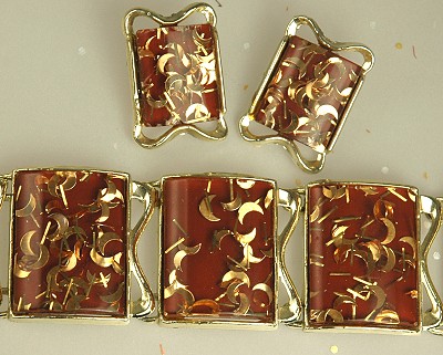 Vintage Confetti Lucite Wide Bracelet and Earring Set Signed PAM