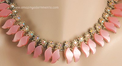 Fun Fringy Mid- twentieth Century Pink Thermoplastic Necklace with Rhinestones