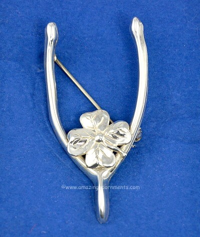 Large Wishbone with Lucky Clover Brooch Signed BEAU STERLING