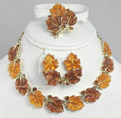 Sought After Vintage Thermoplastic and Rhinestone Oak Leaves Set Signed LISNER BOOK PIECE