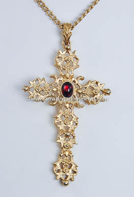 Ornate Vintage Cross Pendant Necklace with Red Cabochon Signed AVON