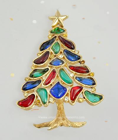 Vintage Signed CROWN TRIFARI Modern Mosaic Christmas Tree Pin~ BOOK PIECE