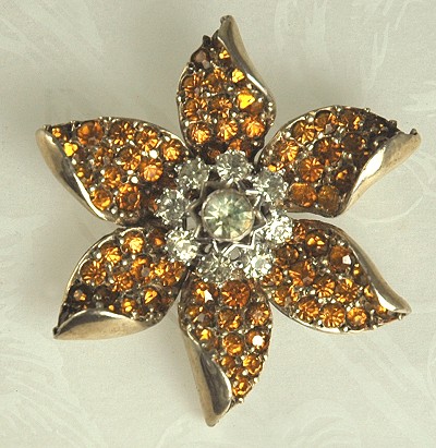 Sterling Vermeil Rhinestone Floral Brooch Signed R. DEROSA