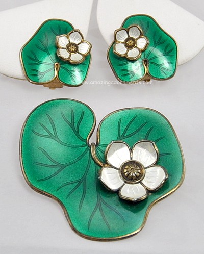 Sensational Sterling Silver Flower on Lilly Pad Enamel Set Signed DAVID ANDERSEN