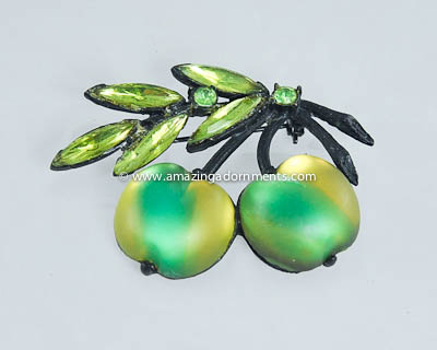 Vintage Unsigned Austrian Glass Double Apple Fruit and Rhinestone Brooch