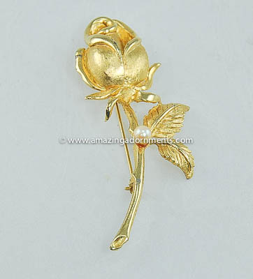Vintage Signed BROOKS Long Stemmed Rose Pin with Faux Pearl