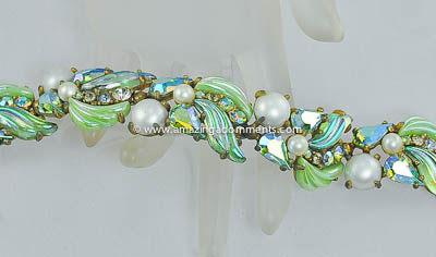 Elaborate Vintage Signed SCHIAPARELLI Ribbed Spring Green Glass Bracelet