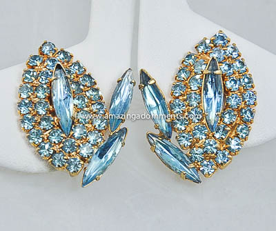 Vintage Signed JUDY LEE Aqua Blue Rhinestone Ear Clips