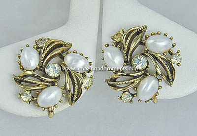 Sweet Vintage White Faux Pearl and Rhinestone Earrings Signed LISNER