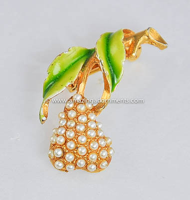 Vintage Signed Faux Pearl and Enamel Pear Pin