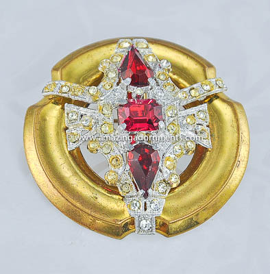 Vintage Signed MCCLELLAND BARCLAY Red Rhinestone Art Deco Brooch