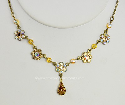 Feminine Swarovski Crystal Flowers and Beads Necklace with Teardrop Signed MICHAL NEGRIN