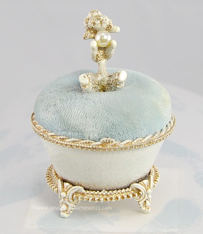 Darling Vintage Trinket or Pill Box with Poodle and Faux Pearl Signed FLORENZA
