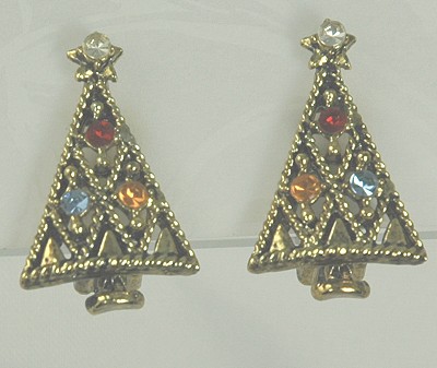 Vintage HOLLYCRAFT Rhinestone Studded Christmas Tree Earrings