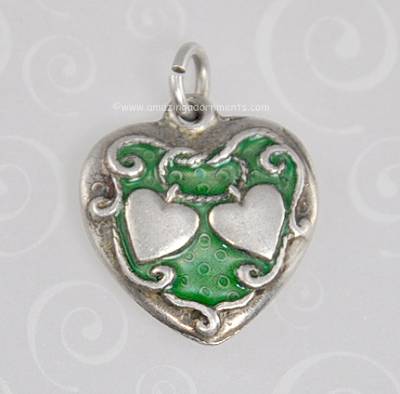 Sought After Vintage Kelly Green Enamel on Sterling Heart Charm Signed WALTER LAMPL