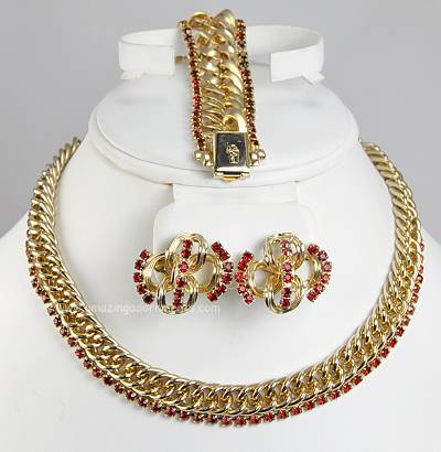 Classy Vintage Signed PEGASUS CORO Red Rhinestone Necklace, Bracelet and Earring Set