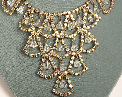 Flirty Vintage Aurora Borealis Rhinestone and Dangling Crystal Bib Necklace