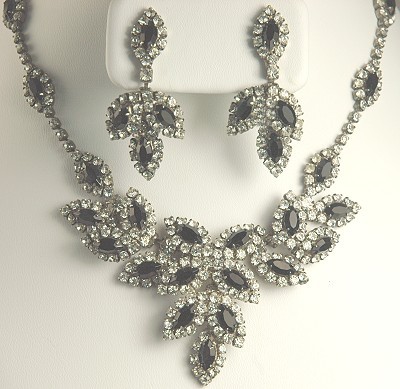 Unforgettable Black and White Rhinestone Showgirl Necklace and Earring Set