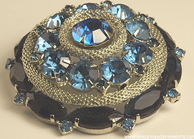 Vintage DELIZZA and ELSTER Tiered Blue Rhinestone and Mesh Brooch