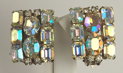 Luxurious and Large Aurora Borealis Ear Clips Signed LA ROCO