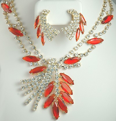 Glitzy Long Red and Clear Rhinestone Necklace with Matching Earrings Signed RR