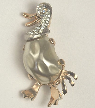 TRIFARI Look Duck Figural Pin with Baroque Pearl Belly and Rhinestones