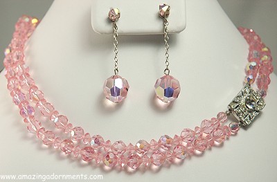 Glamorous Pink Aurora Borealis Crystal Necklace and Earring Set