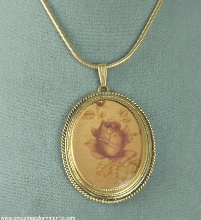 WHITING and DAVIS Rose Transfer Locket Look Pendant Necklace