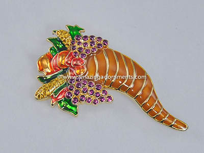 Bountiful Enamel Cornucopia Horn of Plenty Pin Thanksgiving Signed MONET