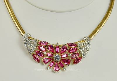 Stunning Vintage Pink and Clear Rhinestone Rococo Necklace Signed BOGOFF