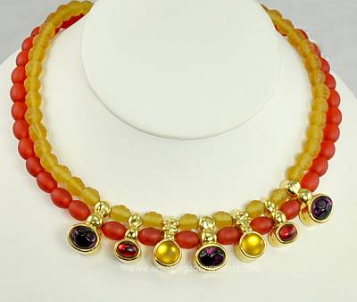Sizzling Signed MONET Glass Bead Necklace with Jewel- tone Drops