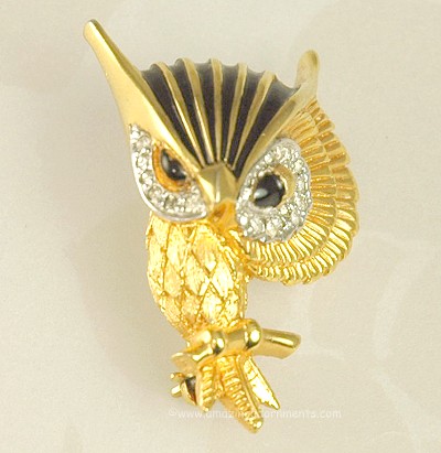Too Sweet Signed JOMAZ Vintage Enamel and Rhinestone Owl Figural Pin