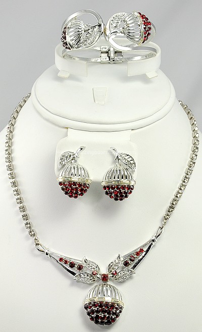 Glamorous Red and Clear Rhinestone Necklace, Bracelet and Earring Set