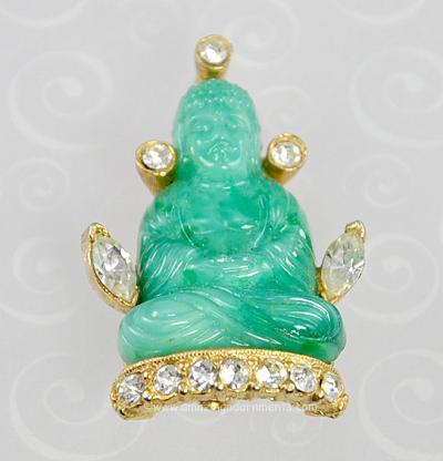 Vintage Signed HATTIE CARNEGIE Seated Buddha Figural Pin with Rhinestones