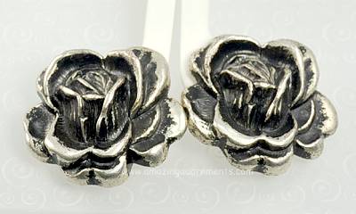 Huge Antiqued Rose Flower Earrings Signed LA CONTESSA BY MARY DEMARCO
