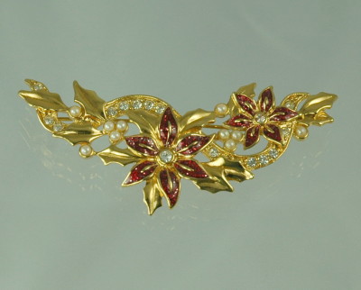 Signed AVON Garland Pin with Rhinestones, Faux Pearls and Holly