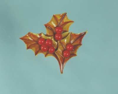 Cheerful Golden Celluloid Holly with Berries Holiday Brooch