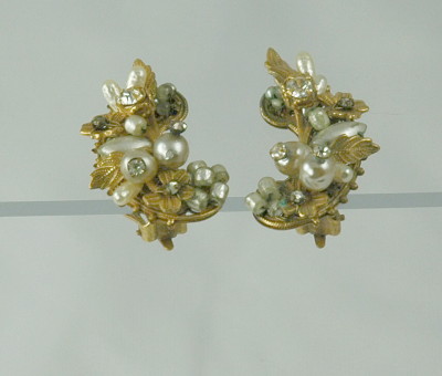 Signed ROBERT Rhinestone and Faux Pearl Clip- back Earrings