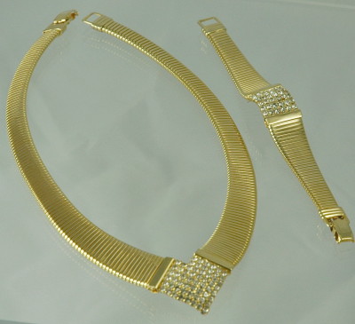 Glam Gold Tone Necklace and Bracelet Set with Rhinestone Insets