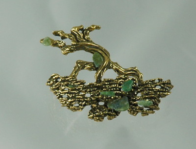 Calming ZENTALL Vintage Gold Tone and Jade Bonsai Brooch