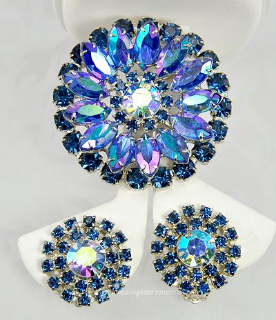 Magnificent Vintage Layered Rhinestone Brooch and Earring Set Signed GARNE