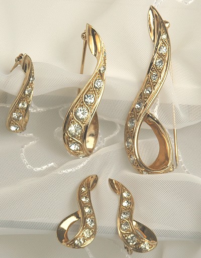 Jazzy Sterling and Rhinestone Scatter Pin and Earring Set Signed NETTIE ROSENSTEIN