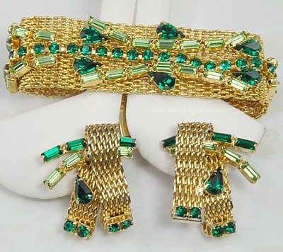 Distinguished Mesh and Rhinestone Bracelet and Earring Set Signed JEWELS by JULIO