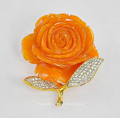 Stupendous Vintage Orange Rose Flower Brooch with Rhinestones Signed NETTIE ROSENSTEIN