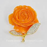 Stupendous Vintage Orange Rose Flower Brooch with Rhinestones Signed NETTIE ROSENSTEIN