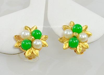 Charming Vintage Faux Pearl and Green Bead Flower Earrings Tagged CELEBRITY